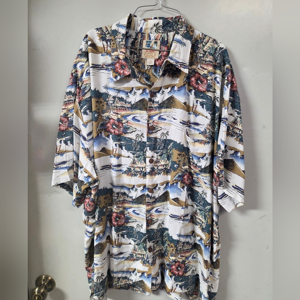 Men's Casual Button-Down Hawaiian Print Shirt - White/Blue/Tan